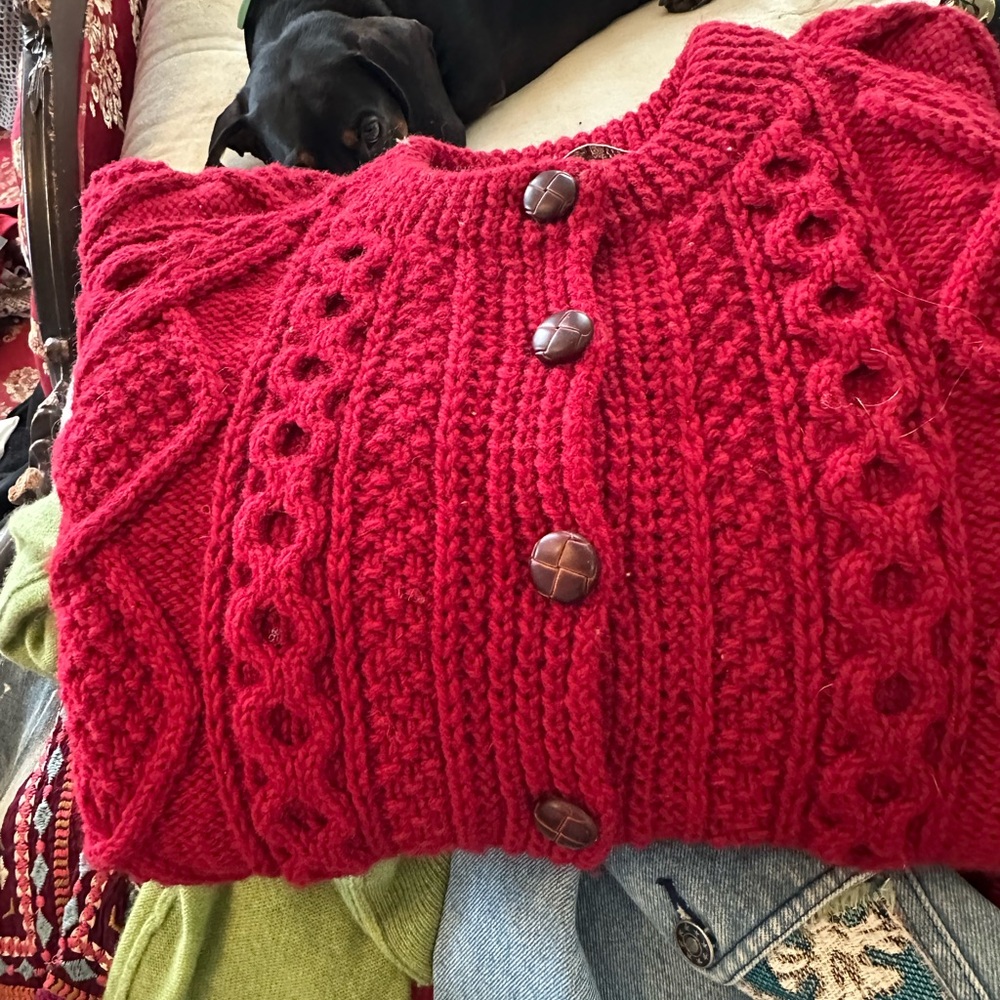 Red Cable-Knit Button Cardigan Sweater - hand knit